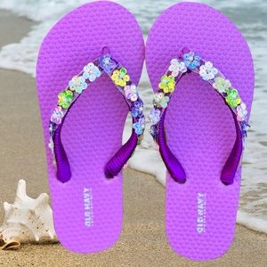 Girls Purple Flower Sequence Flip Flops, Flower Girl Wedding Sandals, Child Shoe